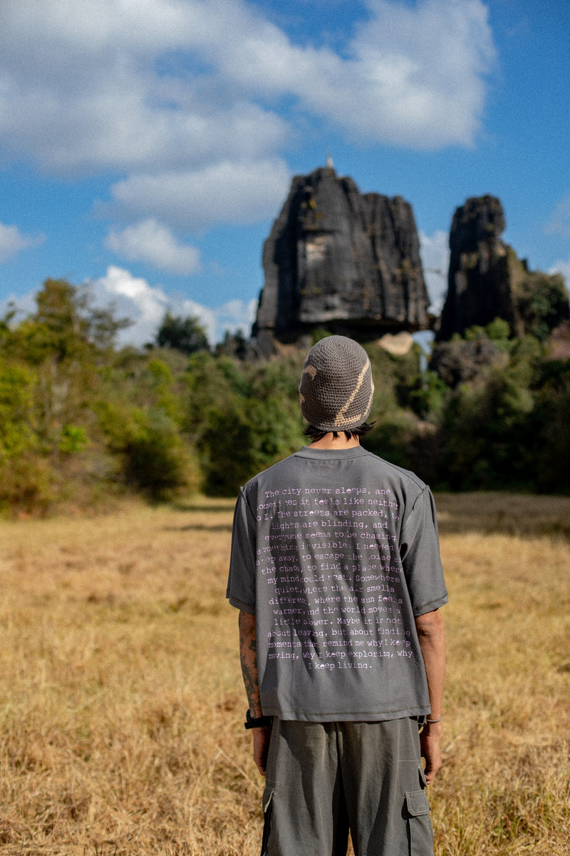 I WISH YOU WERE HERE REVERSIBLE TEE GREY