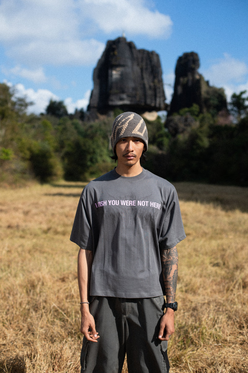 I WISH YOU WERE HERE REVERSIBLE TEE GREY